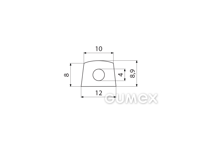 Geformtes Silikonprofil mit Loch, 8,9x12/10mm, 40°ShA, -60°C/+180°C, transparent, 